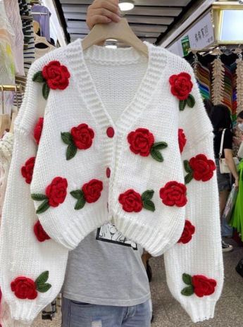 New chunky knit cardigan with 3D rose, French V-neck sweater Christmas outfits EP01438