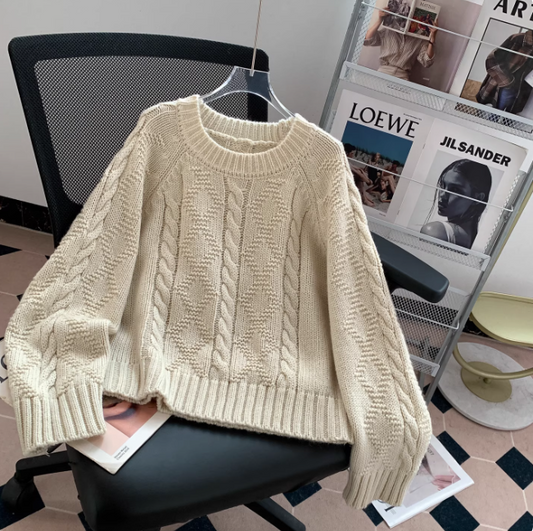 Korean Retro Cable Knit Round Neck Orange Pullover Sweater for Women EP01444