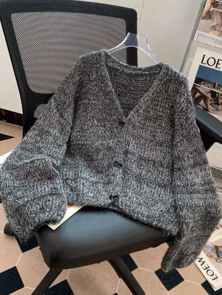 New Purple V-neck Sequined Cardigan Fashion Knit Sweater EP01458