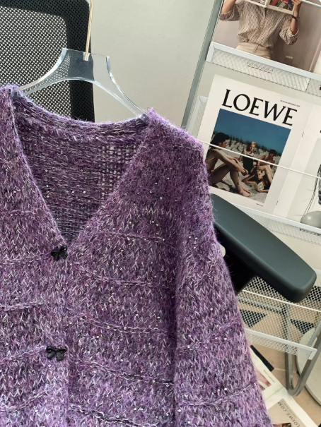 New Purple V-neck Sequined Cardigan Fashion Knit Sweater EP01458