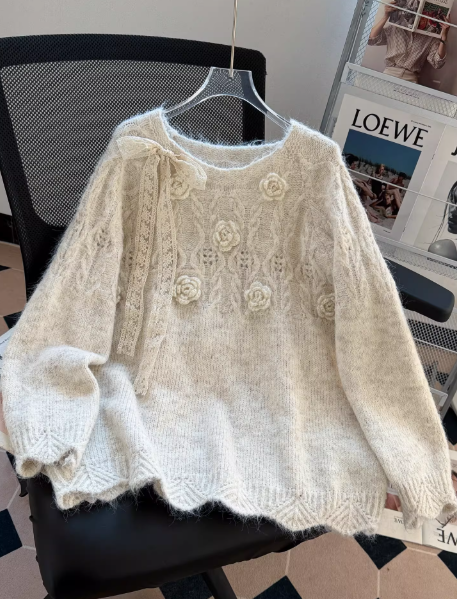 Red Knit Sweater with 3D Floral Lace-up Bow Crew Neck New Year Sweater EP01462