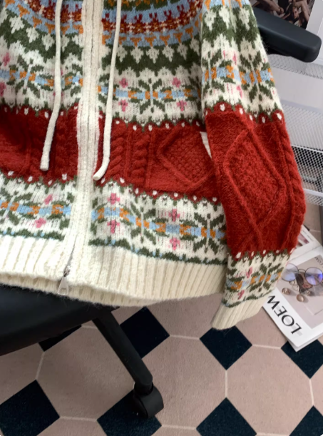 New Blue Sweater Fair Isle Retro Cable Hooded Sweater EP01464