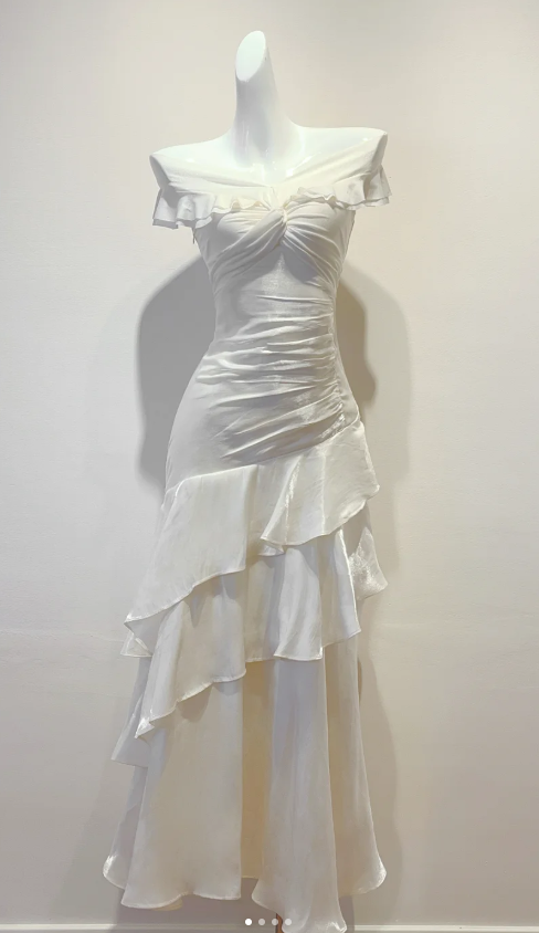 Fairy Off-Shoulder Sheath Chiffon Long Prom Dresses White Formal Dresses Birthday EP04016