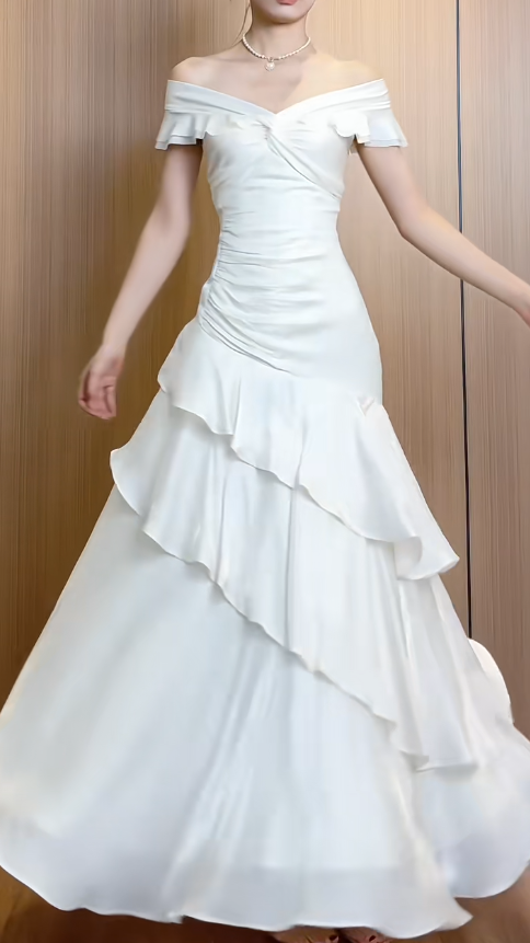 Fairy Off-Shoulder Sheath Chiffon Long Prom Dresses White Formal Dresses Birthday EP04016