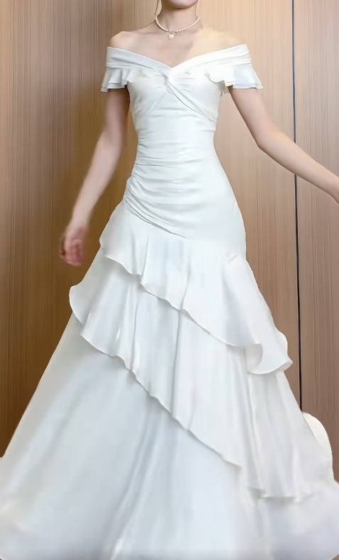 Fairy Off-Shoulder Sheath Chiffon Long Prom Dresses White Formal Dresses Birthday EP04016