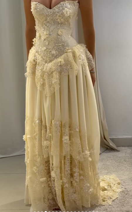 Fairy Strapless Sheath Lace Applique Long Prom Dresses, Yellow Formal Evening Dresses EP04058