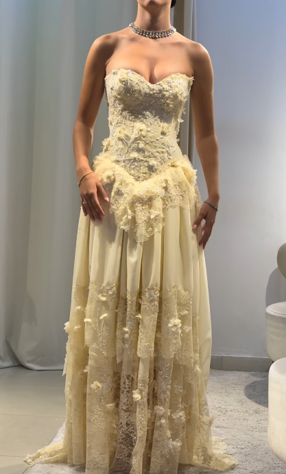 Fairy Strapless Sheath Lace Applique Long Prom Dresses, Yellow Formal Evening Dresses EP04058
