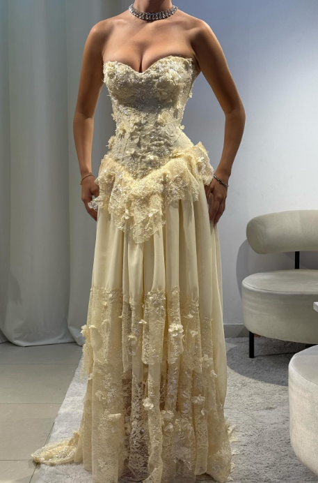 Fairy Strapless Sheath Lace Applique Long Prom Dresses, Yellow Formal EvaFashionDress Fairy Strapless Sheath Lace Applique Long Prom Dresses, Yellow Formal EvaFashionDress