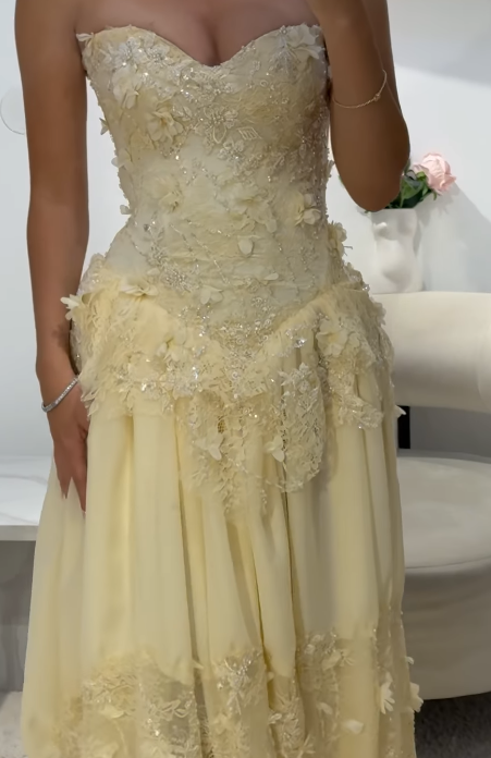 Fairy Strapless Sheath Lace Applique Long Prom Dresses, Yellow Formal Evening Dresses EP04058