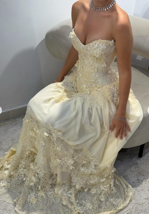 Fairy Strapless Sheath Lace Applique Long Prom Dresses, Yellow Formal Evening Dresses EP04058