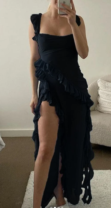 Sexy Strap Sheath Chiffon Ruffle Long Prom Dresses, Black Formal Evening Dresses EP04068