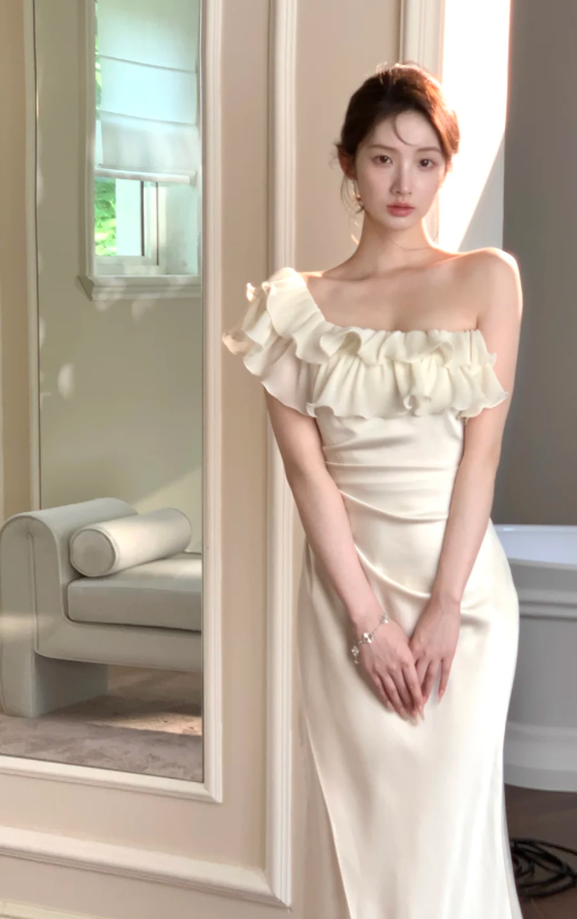 Sexy One-shoulder Mermaid Satin Long Prom Dresses, White Formal Evening Dresses EP04076