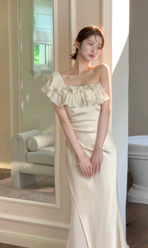 Sexy One-shoulder Mermaid Satin Long Prom Dresses, White Formal Evening Dresses EP04076
