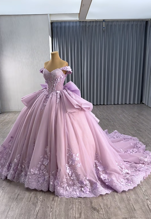 Gorgeous Off-the-shoulder Ball Gown Tulle Applique Long Prom Dresses Purple Sweet 16 Dress Quinceanera Dresses EP04081