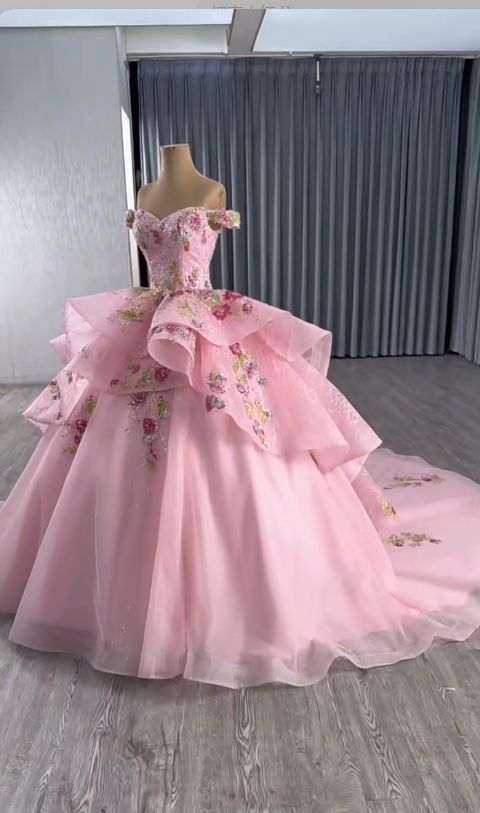 Gorgeous Off-the-shoulder Ball Gown Tulle Applique Long Prom Dresses Pink Sweet 16 Dress Quinceanera Dresses EP04083
