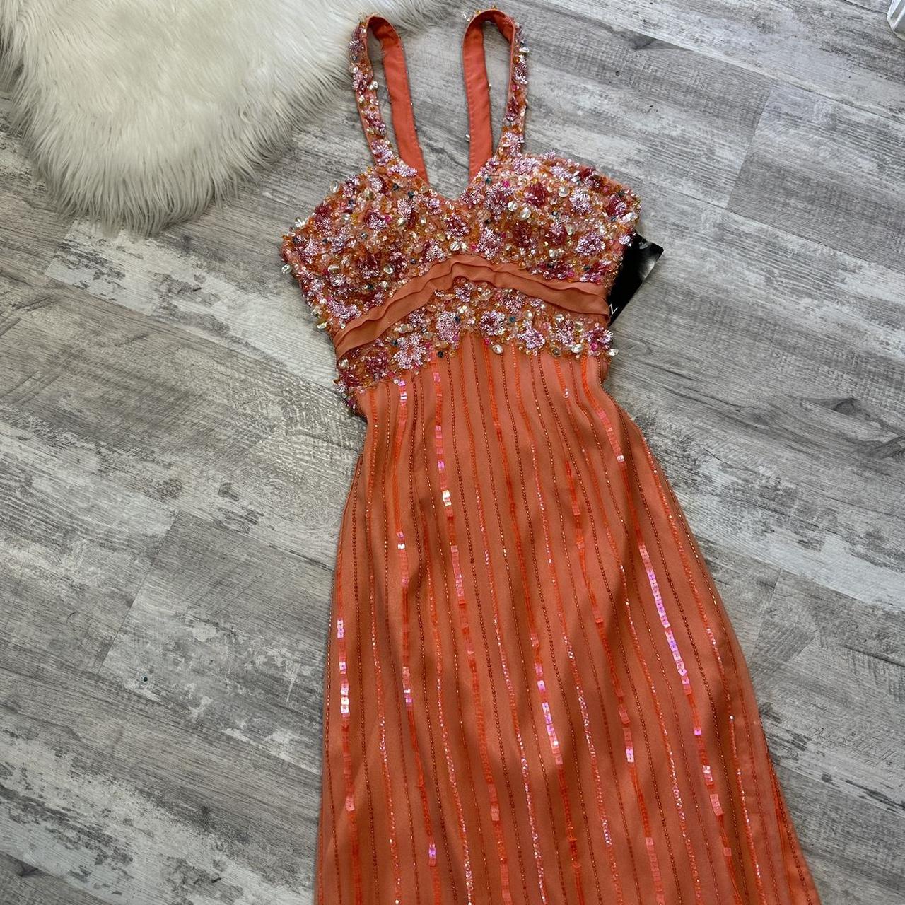 Vintage Spaghetti Straps Sheath Beaded Chiffon Prom Dresses, Orange Formal Evening Dresses EP04098
