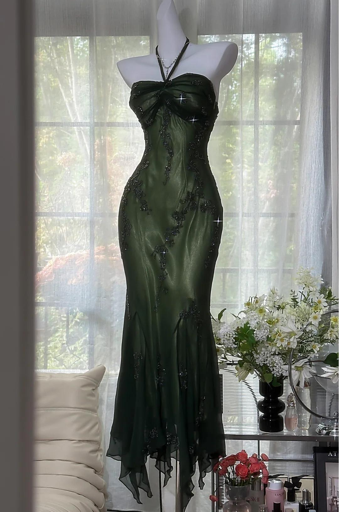 Vintage Halter Mermaid Long Prom Dresses Chiffon Beaded Dark Green Long Formal Dresses EP04752