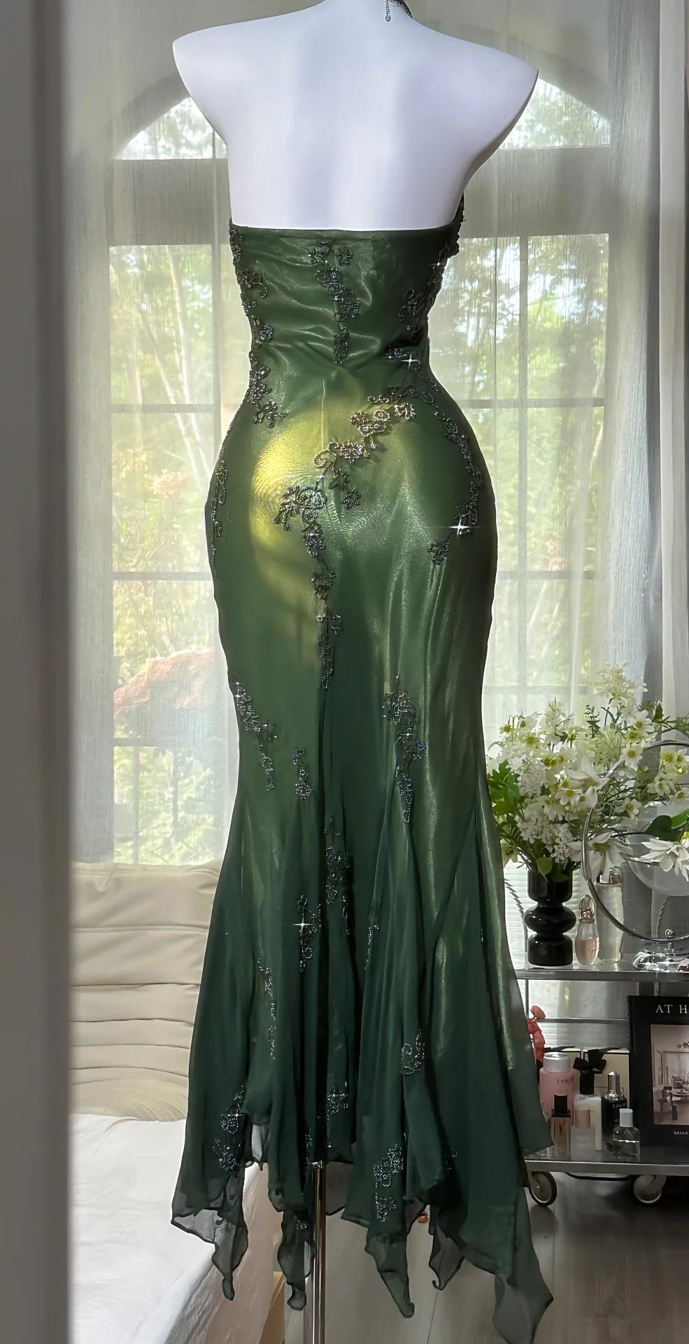 Vintage Halter Mermaid Long Prom Dresses Chiffon Beaded Dark Green Long Formal Dresses EP04752