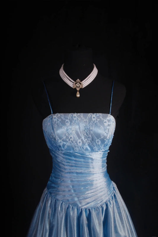 Chic Spaghetti Strap A-Line Long Prom Dresses Lace Satin Gray Blue Formal Dresses EP04771