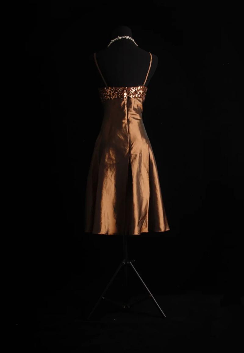 Vintage Spaghetti Strap A-Line Short Prom Dresses Satin Brown Formal Dresses Sequin Homecoming Dresses EP04772