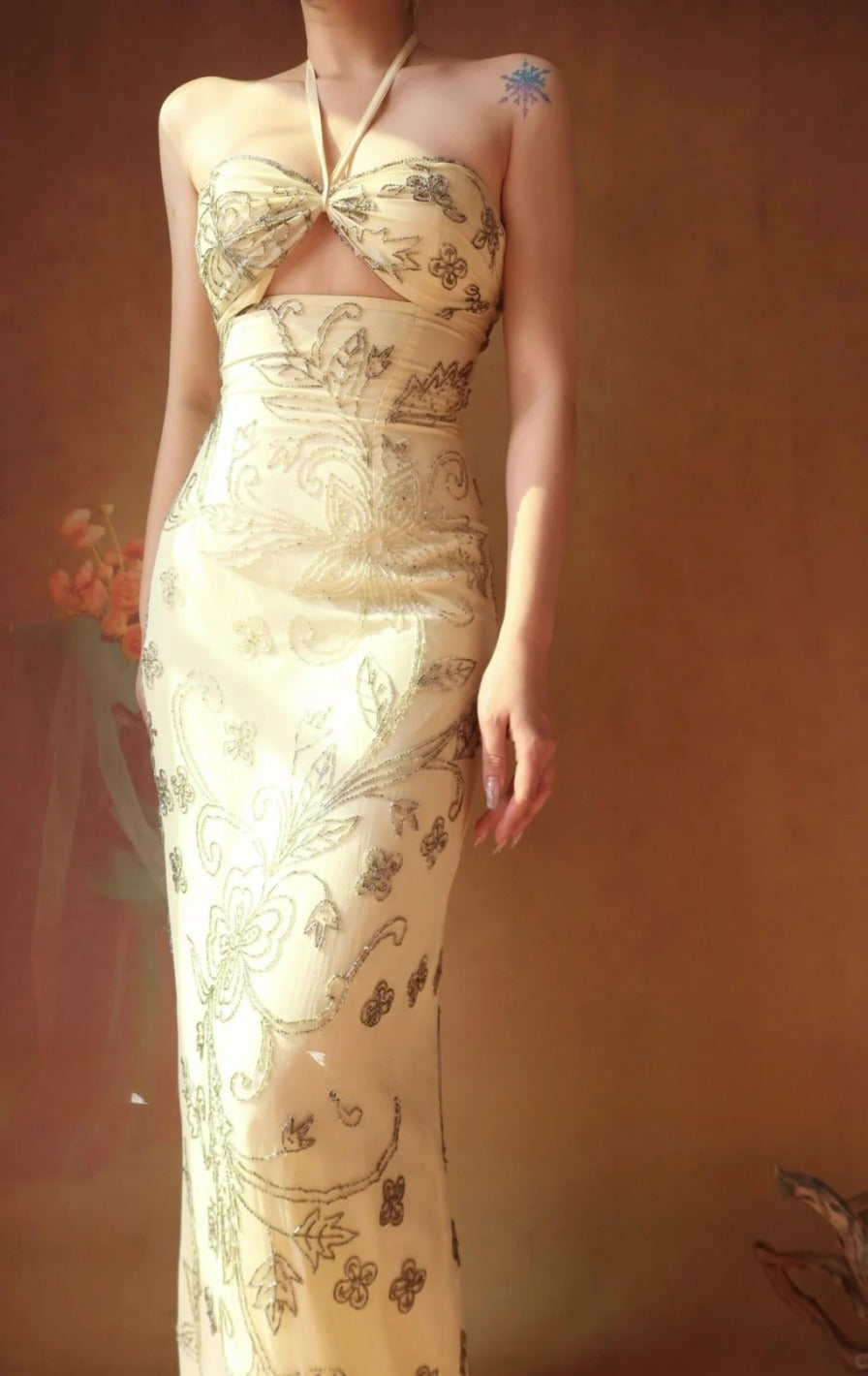 Vintage Halter Neck Sheath Long Prom Dresses Chiffon Yellow Evening Gownss Beaded Wedding Guest Dresses EP04774
