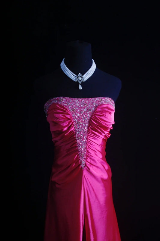 Chic Strapless Sheath Long Prom Dresses Taffeta Hot Pink New Year's Eve Dresses EP04779