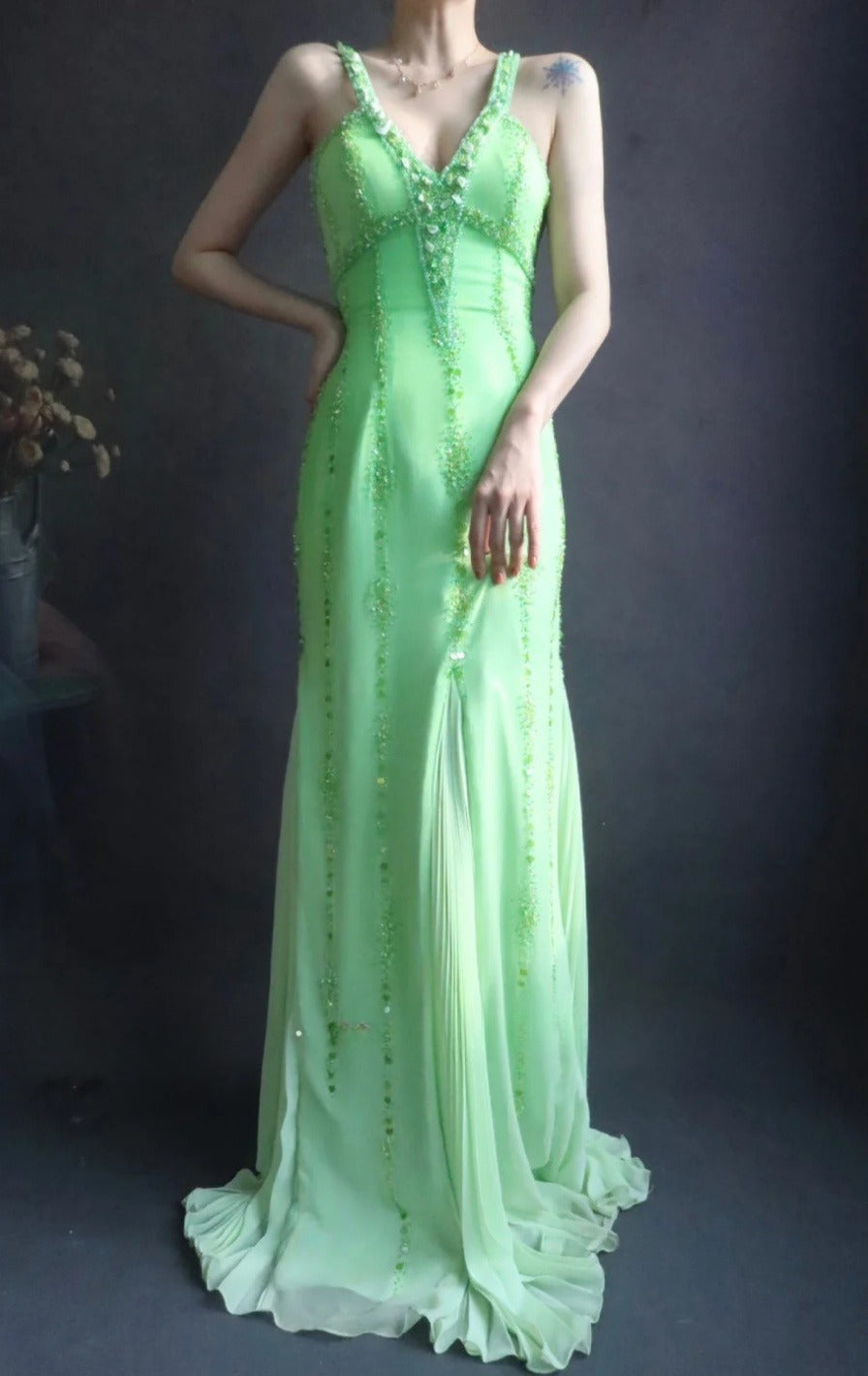 Fairy V neck Sheath Long Prom Dresses Beaded Chiffon Green Evening Dresses EP04780