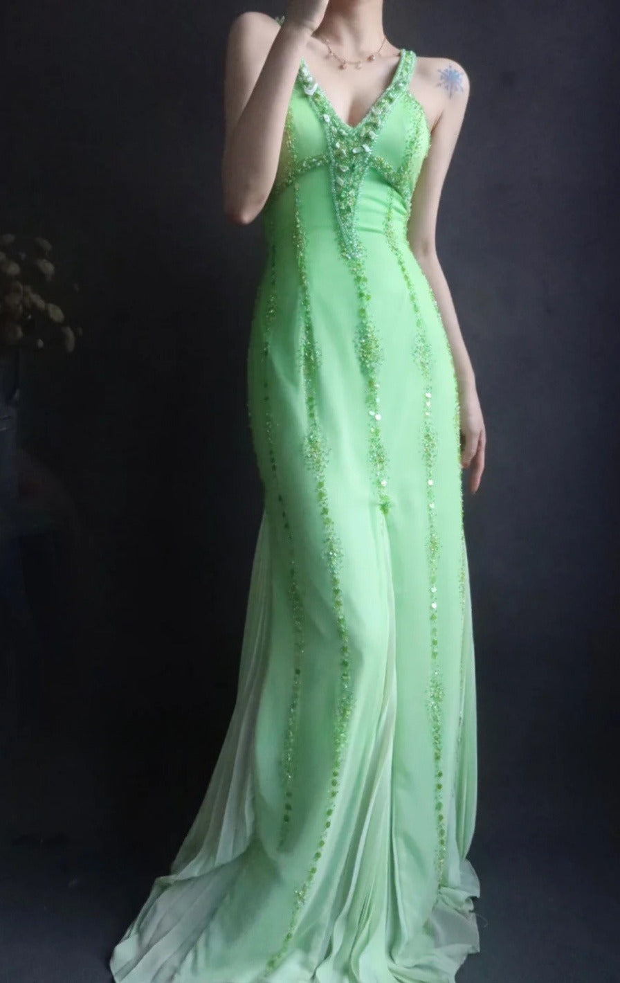 Fairy V neck Sheath Long Prom Dresses Beaded Chiffon Green Evening Dresses EP04780