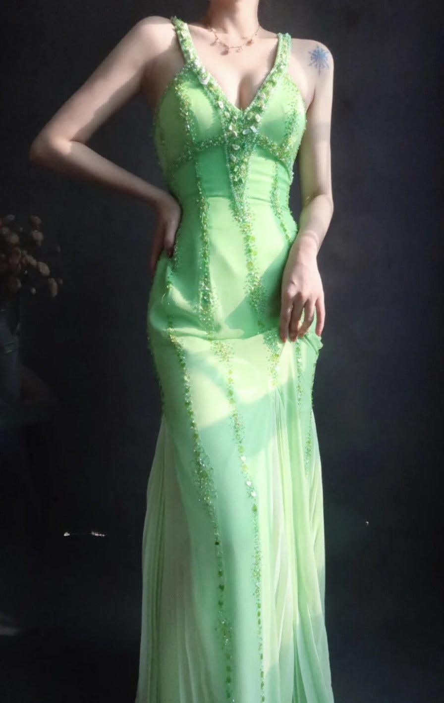 Fairy V neck Sheath Long Prom Dresses Beaded Chiffon Green Evening Dresses EP04780
