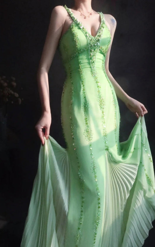 Fairy V neck Sheath Long Prom Dresses Beaded Chiffon Green Evening Dresses EP04780