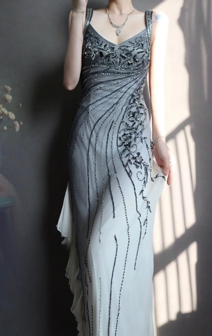 Elegant V Neck Sheath Long Prom Dresses Beaded Chiffon Evening Dresses EP04783