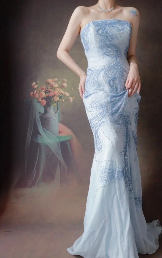 Vintage Strapless Mermaid Long Prom Dresses Beaded Chiffon Light Gray Blue Evening Dresses EP04785