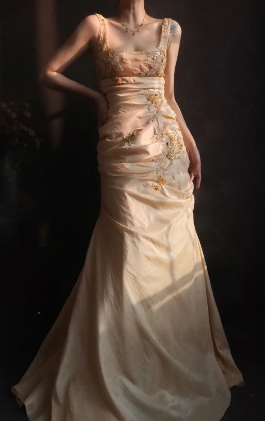 Vintage Square Neck Sheath Long Prom Dresses Beaded Taffeta Yellow Evening Dresses EP04788