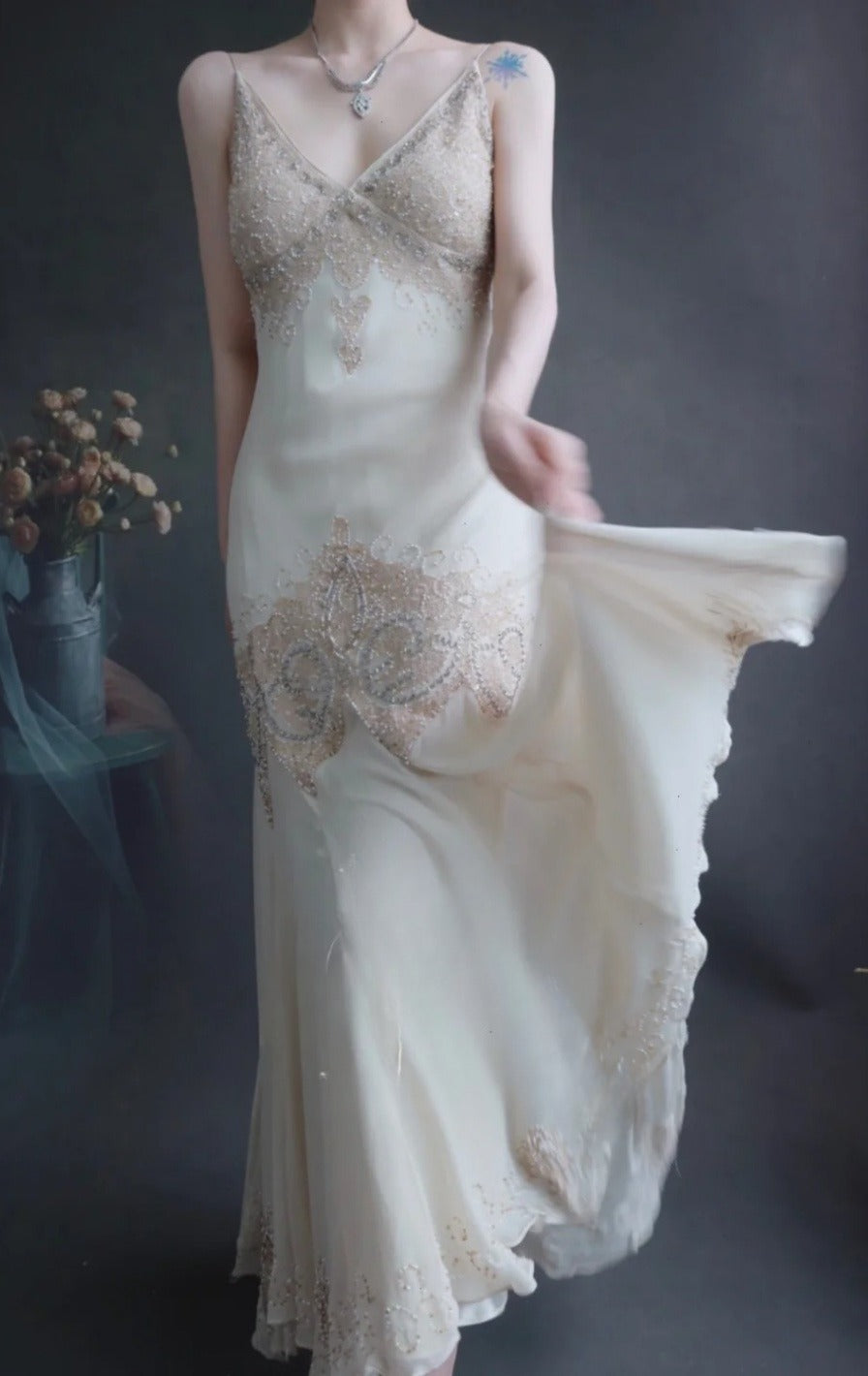Elegant V-neck Mermaid Long Prom Dresses Beaded Chiffon Evening Dresses EP04789