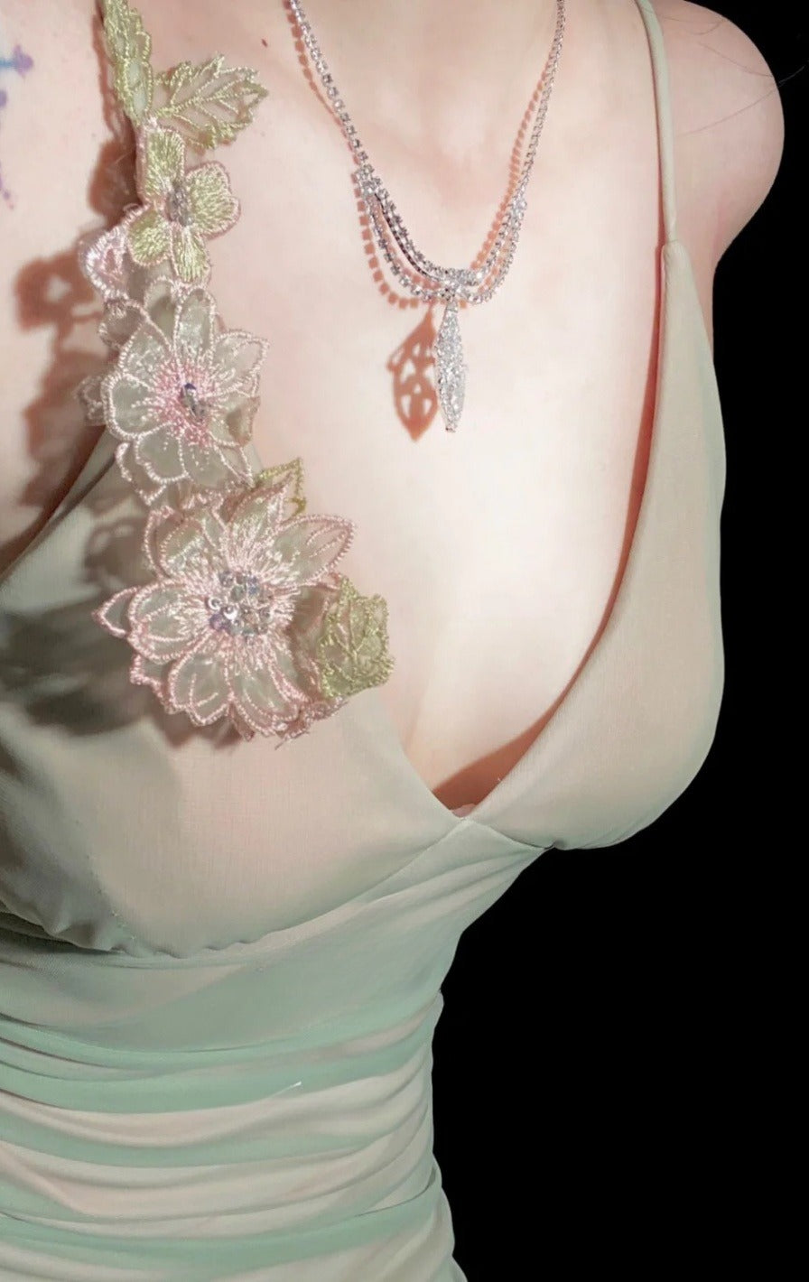 Elegant Spaghetti Strap Sheath Long Prom Dresses Chiffon Green Wedding Guest Dresses EP04791