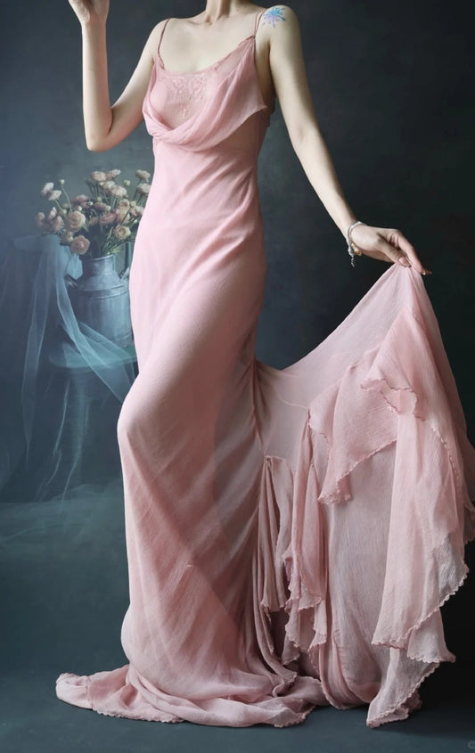 Chic Spaghetti Strap Sheath Long Prom Dresses Chiffon Dusty Pink Evening Dresses EP04792
