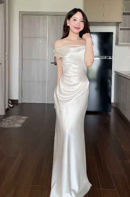 Elegant Off-the-shoulder Sheath Wedding Guest Dresses Satin Ivory Evening Dresses EP04793