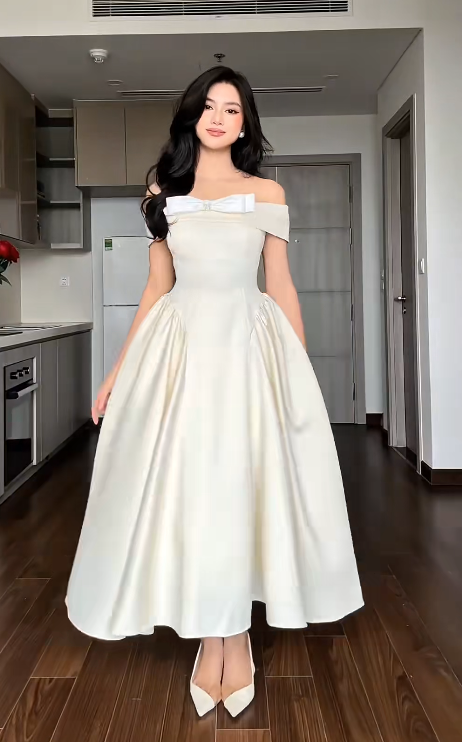 Elegant Off-the-shoulder A-Line Wedding Guest Dresses Satin Light Champagne Birthday Dresses EP04794