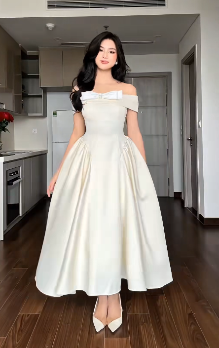 Elegant Off-the-shoulder A-Line Wedding Guest Dresses Satin Light Champagne Birthday Dresses EP04794