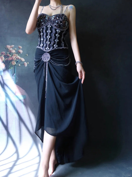 Vintage Spaghetti Strap Sheath Wedding Guest Dresses Black Birthday Dresses Chiffon Beaded Formal Dresses EP04796