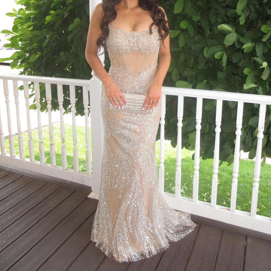 Sexy Strapless Sheath Champagne Long Prom Dresses Rhinestone Tulle Birthday Dresses Champagne Evening Dresses EP04826