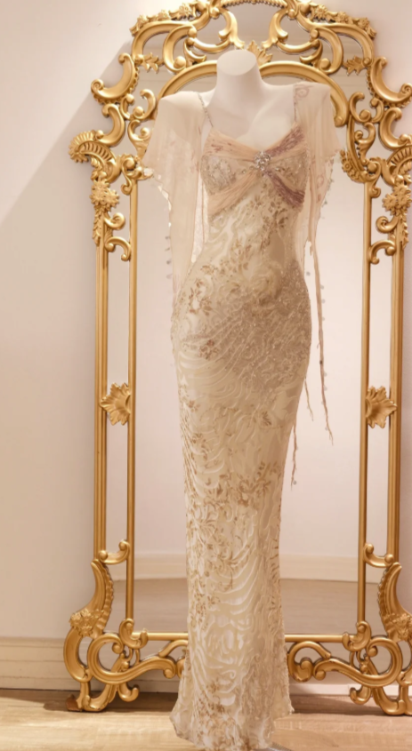 Vintage Spaghetti Strap Sheath Long Prom Dresses Chiffon Beaded Formal Dresses EP05087