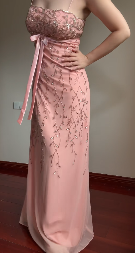 Fairy Spaghetti Strap Sheath Pink Long Prom Dresses Beaded Chiffon Pink Formal Dresses EP05089