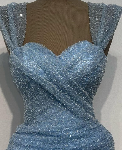 Chic Sweetheart Mermaid Blue Long Prom Dresses Tulle Beaded Blue Birthday Dresses EP05101