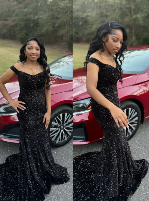 Sexy Off-the-shoulder Mermaid Black Long Prom Dresses, Sequin Black Formal Dresses EP05103