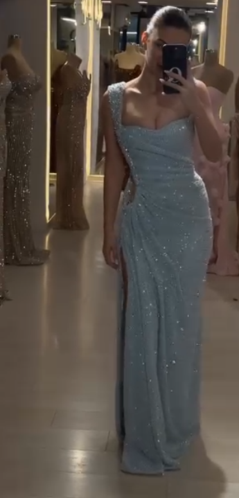 Elegant Strap Sheath Sky Blue Long Prom Dresses, Glitter Tulle Sky Blue Evening Dresses EP05106