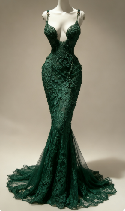 Sexy Spaghetti Strap Mermaid Dark Green Long Prom Dresses Lace Dark Green Evening Dresses EP05110