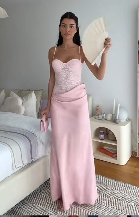 Elegant Spaghetti Strap Sheath Pink Long Prom Dresses Lace Satin Pink Wedding Guest Dresses EP05121