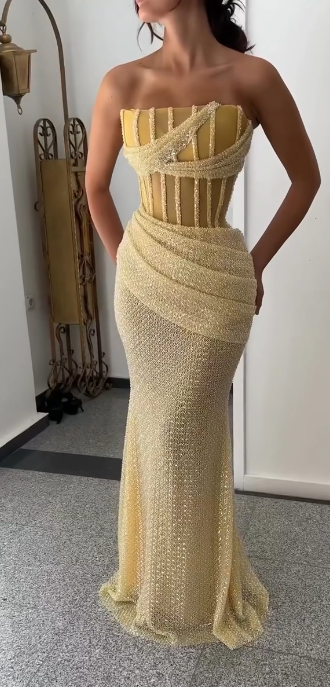 Sexy Strapless Sheath Gold Long Prom Dresses Tulle Sleeveless Gold Birthday Dresses EP05124
