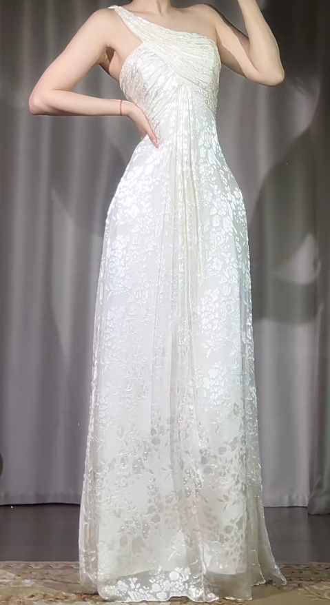 Chic One Shoulder Sheath White Long Prom Dresses Chiffon Sleeveless White Evening Dresses EP05127